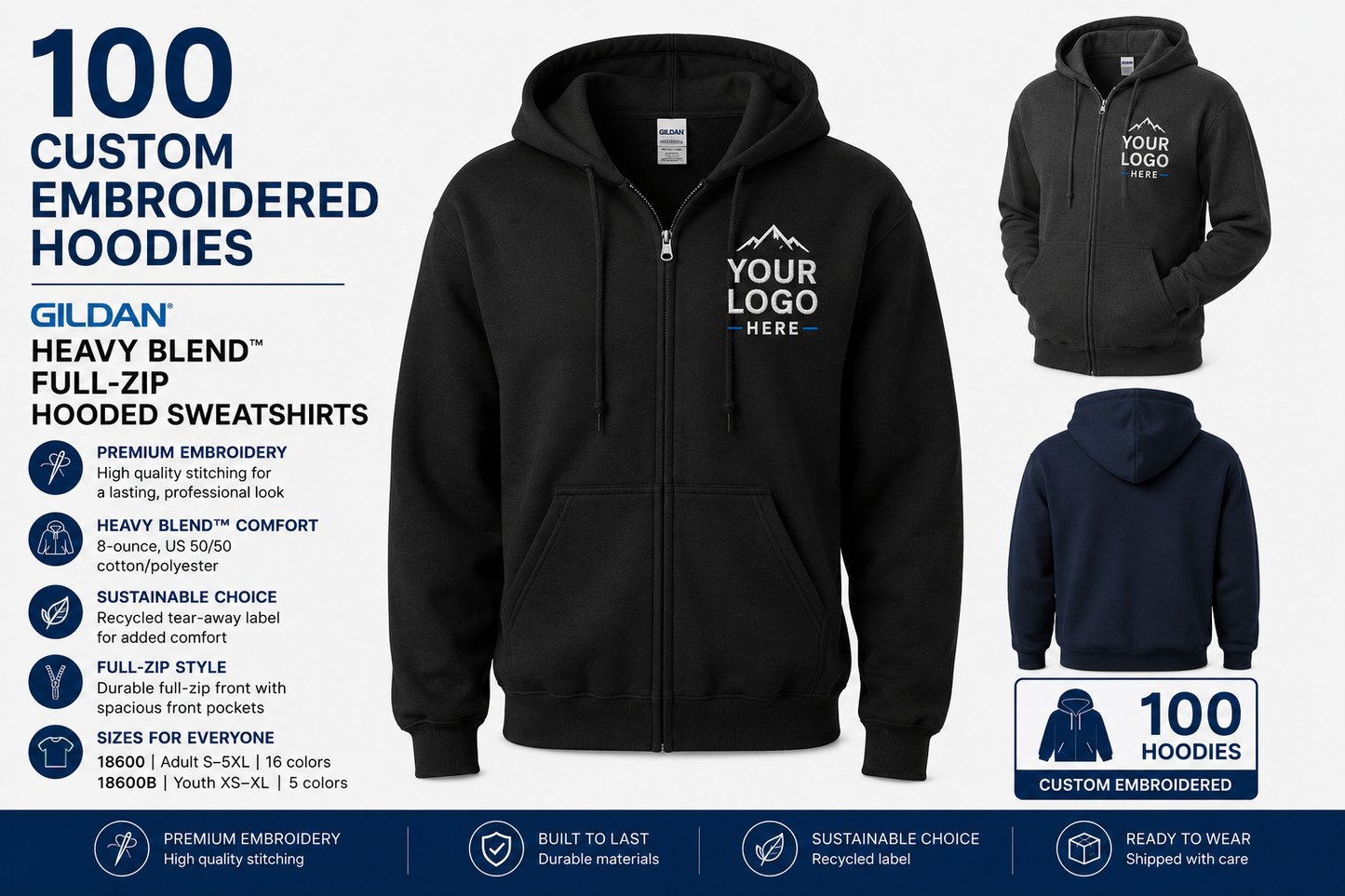 100 Custom Embroidered  Gildan® Heavy Blend™ Full-Zip Hooded Sweatshirts