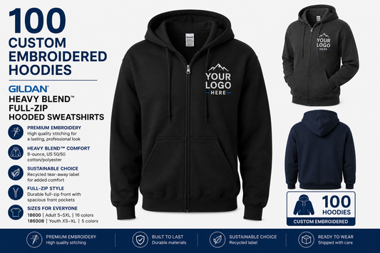 100 Custom Embroidered  Gildan® Heavy Blend™ Full-Zip Hooded Sweatshirts