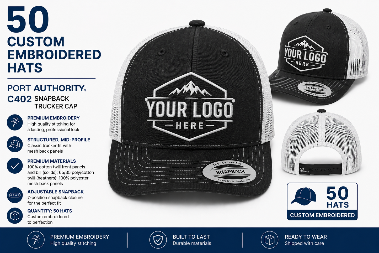 50 Custom Embroidered Port Authority C402 Trucker Caps