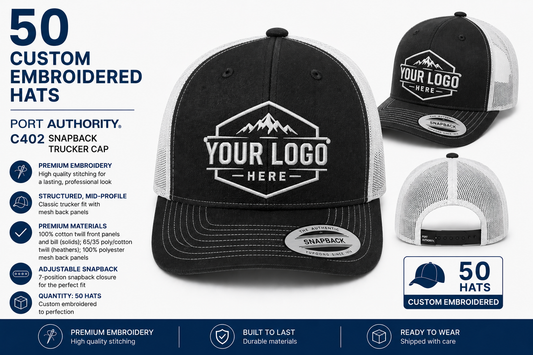 50 Custom Embroidered Port Authority C402 Trucker Caps