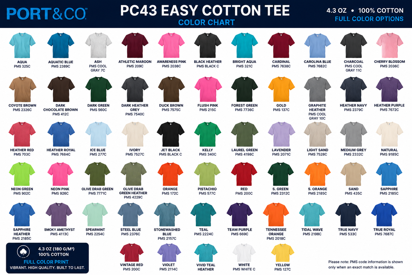 100 Custom Printed Port & Co™ Easy Cotton Tee PC43