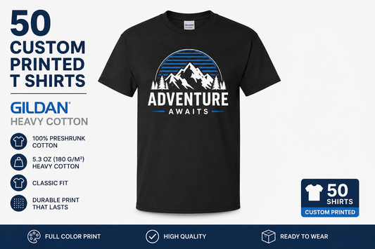 50 Custom Printed Gildan Heavy Cotton T-Shirts